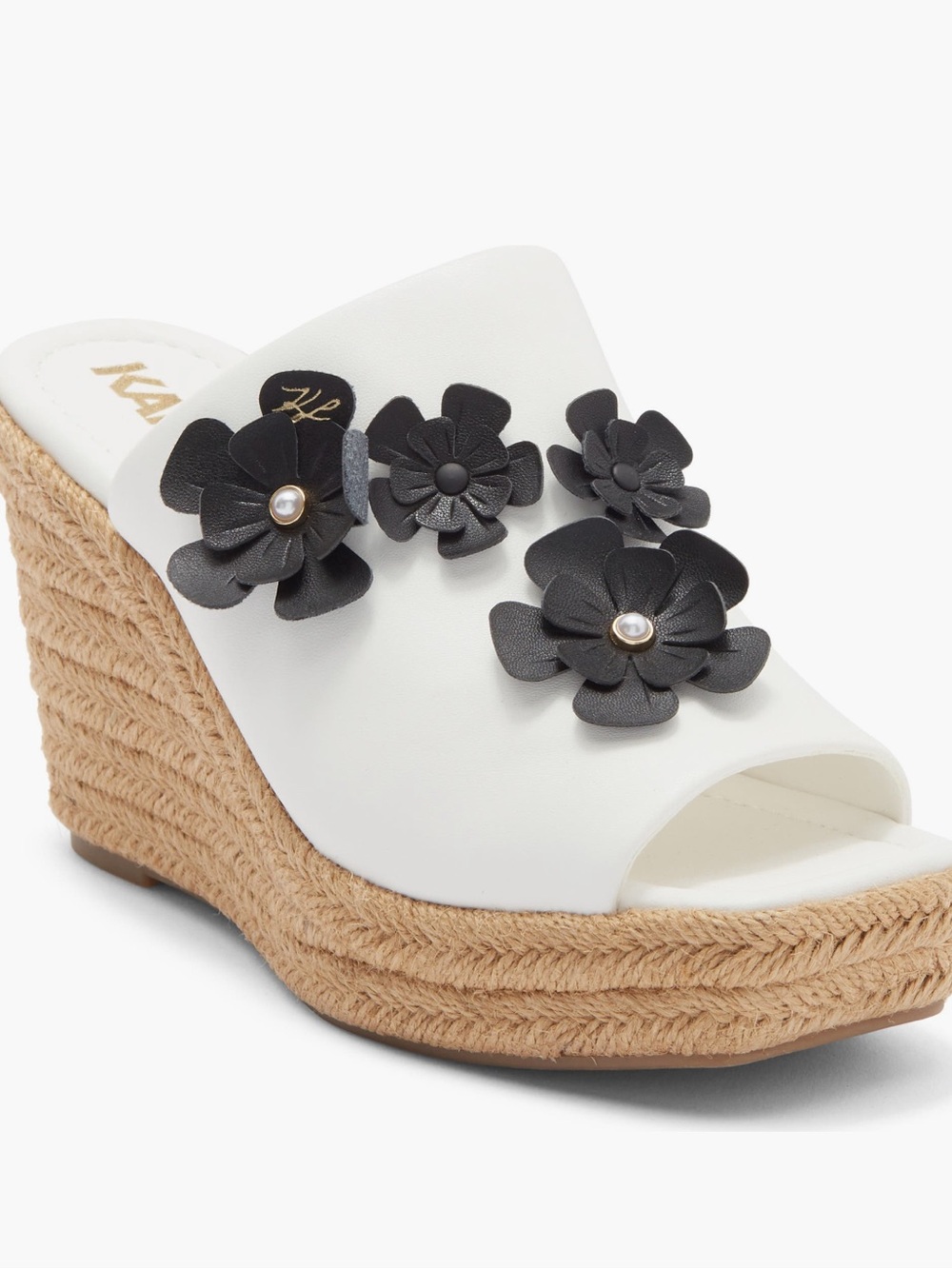 Karl Lagerfeld Clove Fleur Wedge Sandal size 8 bright white black with flowers
